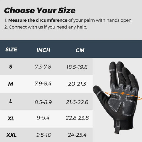 Heavy Duty Mechanic Work Gloves With 8mm Padded Knuckles And Synthetic Leather Palm, size chart, gray and black