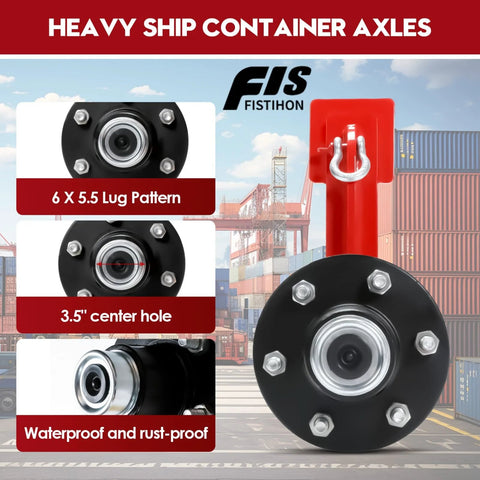 Two black shipping container wheel hubs with 6-lug bolt pattern and 3.5-inch center bore.
