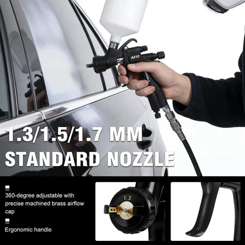 Built Tough Premium LVLP Paint Spray Gun Featuring Slick Teflon Coated Aluminum Body With Three Interchangeable Tips delivering spray finish.