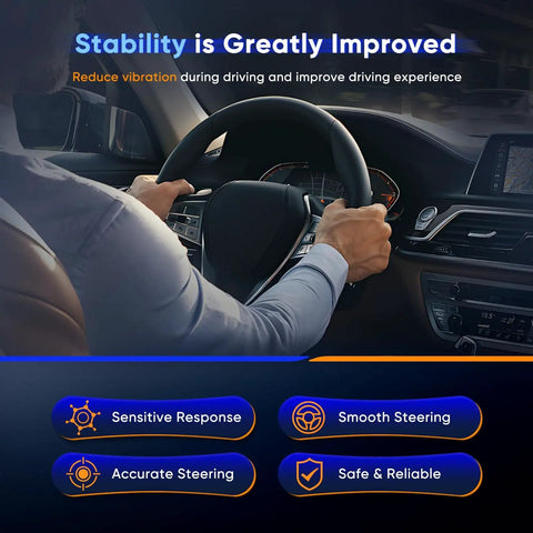 Driver holding steering wheel, showcasing stability improvements in Power Steering Pump For Hyundai Santa Fe 2007-2009 V6 2.7L Direct Fit Replacement, Power Assist Pump, Pulley Not Included, OE Reference 21-5479 215479 571002B300