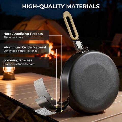 Nonstick Camping Cookware Mess Kit With Foldable Handles, lightweight frying pan highlighting high-quality materials at campsite