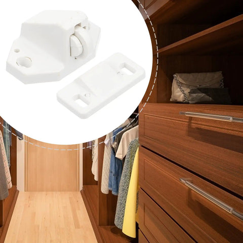 Ten Pack Door Clip Buckles Ball Catch Door Latches Built To Last Dope Durable Plastic for cabinets and bookcases in closet view