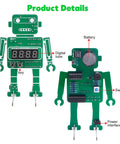 Front and back view of the Alarm Clock Soldering Practice Kit For Students And Makers Build Your Own 4 Digit Robot Digital Clock With Temperature Display And STEM Circuit Board Project For Classroom Or Desk showing components like digital tube and battery placement.