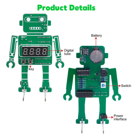 Front and back view of the Alarm Clock Soldering Practice Kit For Students And Makers Build Your Own 4 Digit Robot Digital Clock With Temperature Display And STEM Circuit Board Project For Classroom Or Desk showing components like digital tube and battery placement.