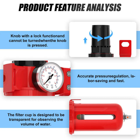 Feature analysis of Beefed Up Three Eighths NPT Four Stage Aluminum Air Drying System with pressure regulator and filter cup details