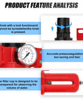 Pro Grade Four Stage Aluminum Air Drying System With Coalescing Filter Particulate Filter Double Desiccant Dryer And Air Regulator Manual Drain One Quarter Inch NPT Ports For Plasma Cutter And Paint Spray featuring knob lock, pressure gauge, and transparent filter cup.