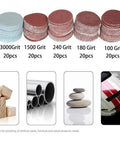 All In One Pro Grade 100 Piece 1 Inch Sanding Discs Kit With One Eighth Inch Shank For Dremel Rotary Tool Includes 100 180 240 1500 3000 Grit Papers Aluminum Oxide Polishing Pads For Quick Finishing Jobs, showing assorted grits in stacks with usage images.