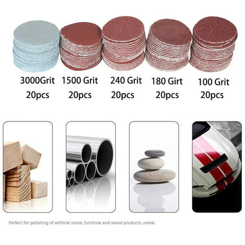All In One Pro Grade 100 Piece 1 Inch Sanding Discs Kit With One Eighth Inch Shank For Dremel Rotary Tool Includes 100 180 240 1500 3000 Grit Papers Aluminum Oxide Polishing Pads For Quick Finishing Jobs, showing assorted grits in stacks with usage images.