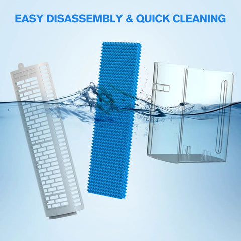 Turbocharged Evaporative Air Cooler Tower Fan components submerged for cleaning, showing filter and water tank.