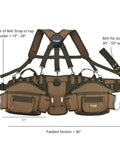 Rugged Pro Tool Belt With Tan And Green Comfort Rig Heavy Duty Construction Iron Buckles Reinforced Stitching Adjustable Suspender Straps Custom Fit For All Day Comfort On Tough Jobs, showing measurements and features.