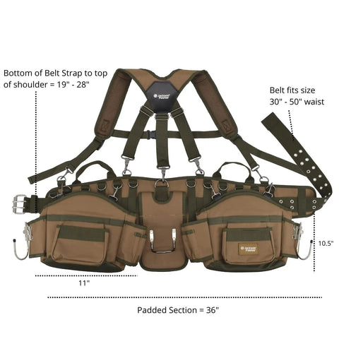 Rugged Pro Tool Belt With Tan And Green Comfort Rig Heavy Duty Construction Iron Buckles Reinforced Stitching Adjustable Suspender Straps Custom Fit For All Day Comfort On Tough Jobs, showing measurements and features.