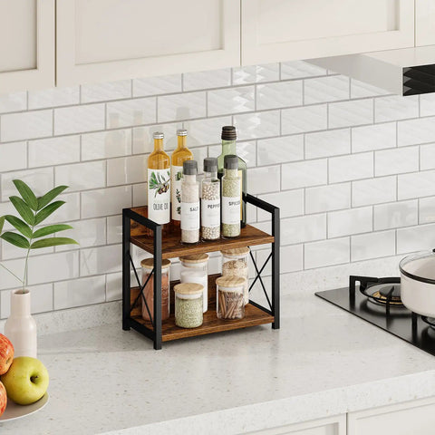 Two Tier Countertop Shelf Organizer For Kitchen Spice Rack And Jar Bottles Top Shelf Wood Counter Storage In Rich Brown with spices and oils.