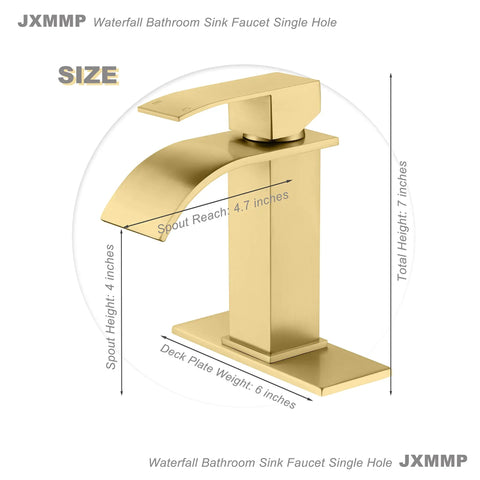 Waterfall Bathroom Faucet In Brushed Gold With Pop Up Drain And Deck Plate For 3 Hole Install, dimensions labeled on image