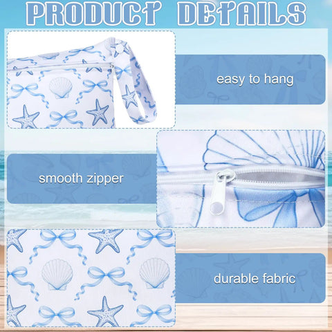 Close-up of 2 Pack Wet Bags Reusable Waterproof Wet Dry Bags with zippered pockets, sea shell design, stroller ready