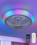 15 Inch Enclosed Bladeless Ceiling Fan with RGB Dimmable LED Light, remote control for indoor use in bedroom or party.