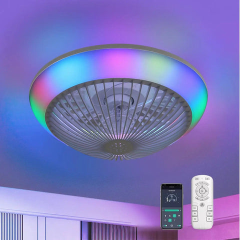 15 Inch Enclosed Bladeless Ceiling Fan with RGB Dimmable LED Light, remote control for indoor use in bedroom or party.