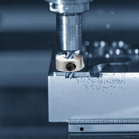 Top Quality Split Aluminum Clamping Collars 4 Pack For Fixing Shafts With 5 Point Set Screw Locks Designed For High Precision CNC Equipment And Linear Rails For Pro Industrial Projects That Run Smooth As Butter Plus High Grade Materials For Long Life Use. Aluminum shaft collar on CNC milling tool
