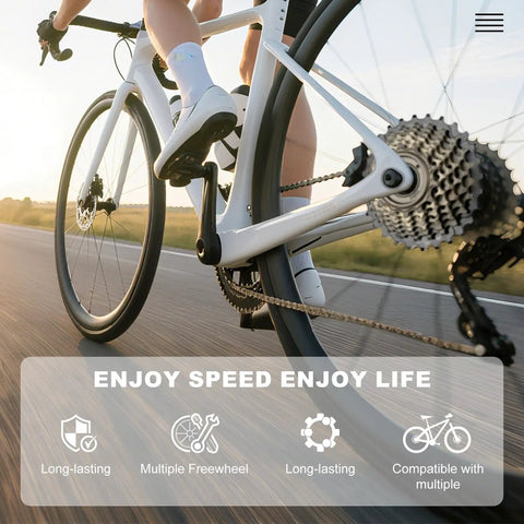 Cyclist riding bike with 7 Speed Screw On Freewheel For Bikes TZ500-7 14-28 Tooth Gears Durable Steel Cogs in motion