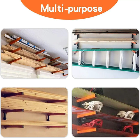 Wall Mount Wood Organizer And Lumber Storage Metal Rack For Shed Garage Or Workshop 3 Level 4 Pack Black Heavy Duty Steel Rack For Lumber Pipes And Long Objects. Installed views showing different items stored on racks.