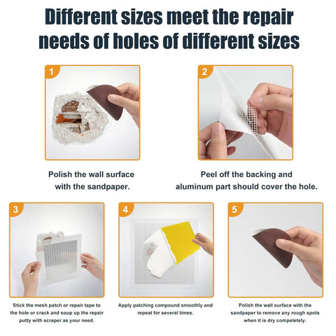Instructional guide for 8 Pack Drywall Repair Kit For Large Holes With Self Adhesive Mesh Scraper Sandpaper
