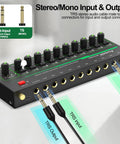 10 Channel Mini Stereo Audio Mixer Low Noise For Precision Sub Mixing Quarter Inch TRS Input Output with dual cables