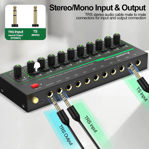 10 Channel Mini Stereo Audio Mixer Low Noise For Precision Sub Mixing Quarter Inch TRS Input Output with dual cables