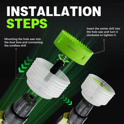 Installation steps for 6 Inch Hole Saw For Recessed Lights With Dust Bowl Catcher including drill setup
