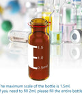 Pro Move 2ML Amber Glass Autosampler Vials With 9-425 Screw Top Caps And PTFE Silicone Septa For HPLC And GC Chromatography Labs 1000 Pack image showing fill scale on vial.