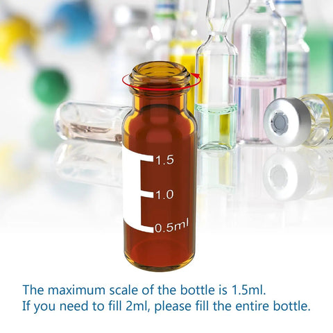Pro Move 2ML Amber Glass Autosampler Vials With 9-425 Screw Top Caps And PTFE Silicone Septa For HPLC And GC Chromatography Labs 1000 Pack image showing fill scale on vial.