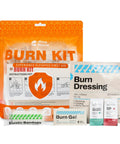 Rhino Rescue Burn Kit with burn dressings, gel packets, burn pads, cooling cream, elastic bandage, gloves, scissors, and tape