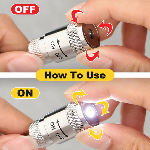 How to use LED light for magnetic telescoping pickup tool with 8 lb lifting capacity, showing on and off positions with hands.