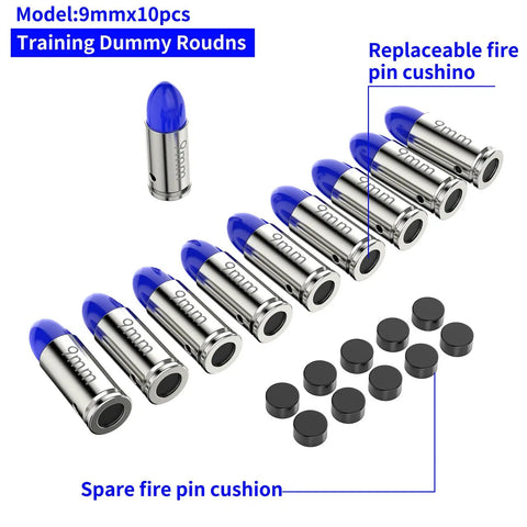 9mm Round Action Training Snap Caps for Dry Fire Practice Realistic Weight Metal Dummy Rounds, Blue and Silver, 10 Pack
