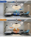 36 Inch Crystal Fandelier Ceiling Fan With Lights Retractable Invisible Modern Chandelier Ceiling Fan Remote Control Chrome Finish Six Speeds Three Color Options Ideal For Bedroom Or Living Room That Is Lit, showing forward and reverse rotation airflow in a living room.
