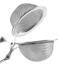 Open stainless steel tea infuser ball with handle showing ultra-fine mesh filter for loose leaf tea, spices, and seasonings.