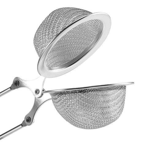 Open stainless steel tea infuser ball with handle showing ultra-fine mesh filter for loose leaf tea, spices, and seasonings.