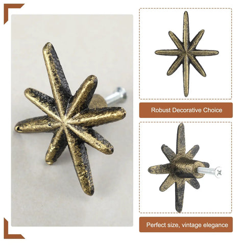 Close-up of Six Piece Antique Gold Cast Iron Drawer Pulls And Cabinet Knobs Set With Eight Pointed Star Burst Design