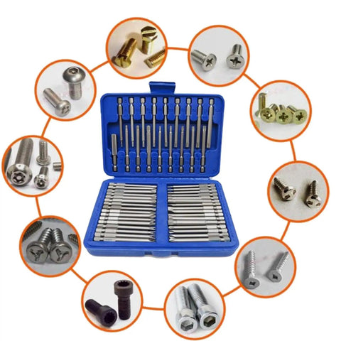 Open case with 50-piece Extra Long Magnetic Security Bit Set Screwdriver Kit, including CRV ABS bits for square, flat, hex, spline, and torq.