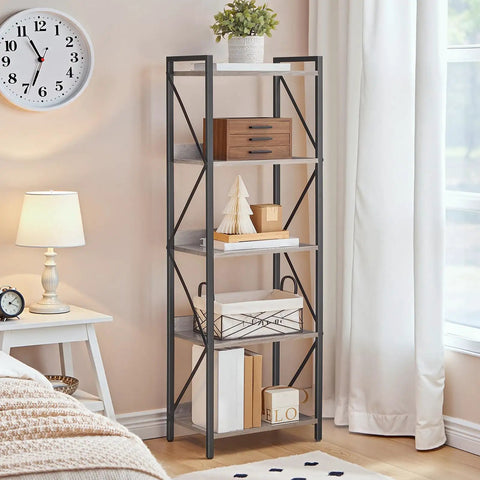 No Fuss Five Tier Industrial Bookcase With Sturdy Metal Frame And Secure Back Barrier Sweet Vertical Storage Organizer That Looks Dang Fine In Any Living Room Or Home Office Greige And Black