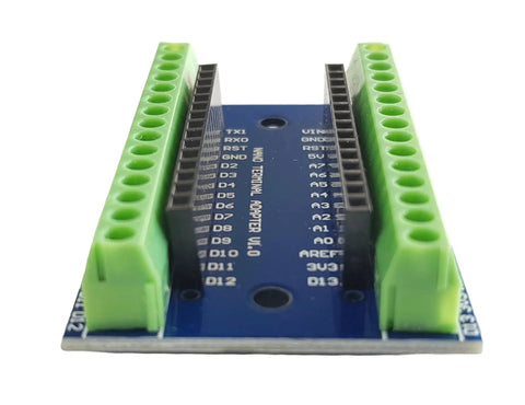 Rock Solid Screw Terminal Block Shield For Arduino Nano that delivers tight secure wiring with easy clamp terminals, front view