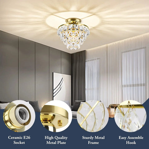 Gold Finish Crystal Ceiling Light Semi Flush Mount Chandelier With E26 Base in modern living room setting