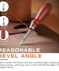 Pro Grade Five Piece Leather Knife Set With Groover Tool And Two Edge Bevelers Burnisher And Cutting Knife In Sandalwood Handle Perfect Starter Kit For DIY Leather Craft And Finishing Projects showing knife with wooden handle and beveling tools.