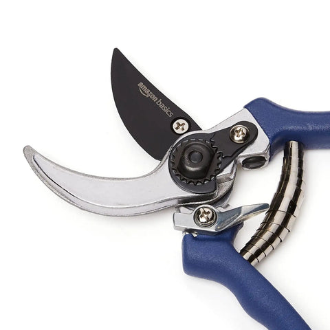 Close-up of Workhorse Bypass Pruning Shears for Garden Cleanup, 8 Inch Steel Hand Pruners with Rust Resistant Blade, blue handle
