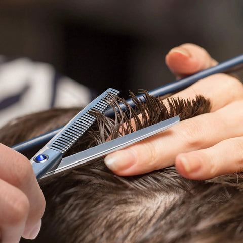 Close-up of using Pro Grade Hair Cutting Scissors And Thinning Shears Kit for barbers, trimming hair with precision.