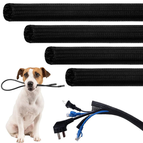 Built Tough For Your Ride 50 Ft Split Wire Loom Tubing Flame Retardant Braided Cable Sleeving with cables and dog.