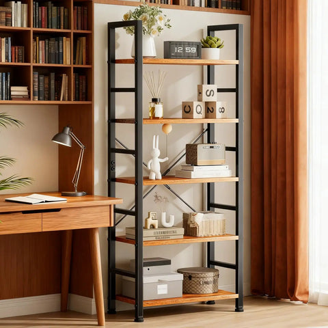 Industrial 5 Tier Bookshelf With Sturdy Metal Frame And Open Wooden Shelves Free Standing Bookcase For Living Room Bedroom And Office Heavy Duty Display Rack 62.2 Inches Tall Brown near desk