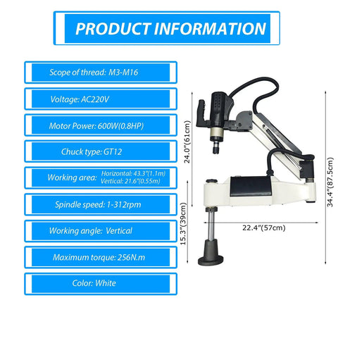 Electric Tapping And Threading Machine For M3 To M16 Vertical Servo Tapper with swing arm showing dimensions and specs