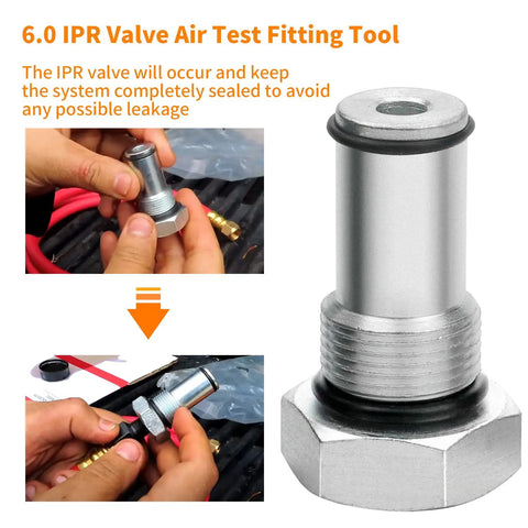 Hands holding IPR valve air test fitting tool for Must Have Two Pack Oil Rail Adapters Kit And One High Pressure Oil Pump IPR Valve Air Test Fitting Tool For Ford 6 0L Powerstroke Diesel Engine DIY Friendly Diesel Maintenance Gear For F Series Super Duty Trucks