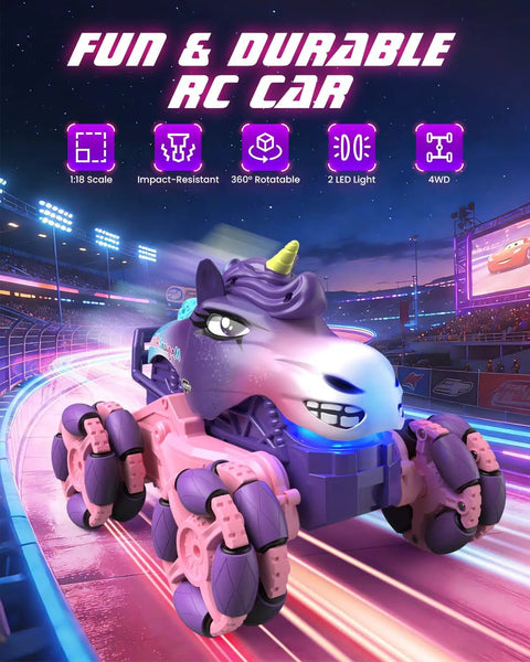 1:18 Scale Pink Unicorn Monster Truck Remote Control Car With 360 Spin Dance Lights And Spray, 2.4 GHz 4WD RC Toy Display