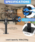 Specifications of Wall Mounted Bicycle Repair Stand With Adjustable Clamp, showing dimensions and clamp range in a workshop.