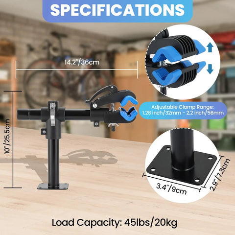 Specifications of Wall Mounted Bicycle Repair Stand With Adjustable Clamp, showing dimensions and clamp range in a workshop.